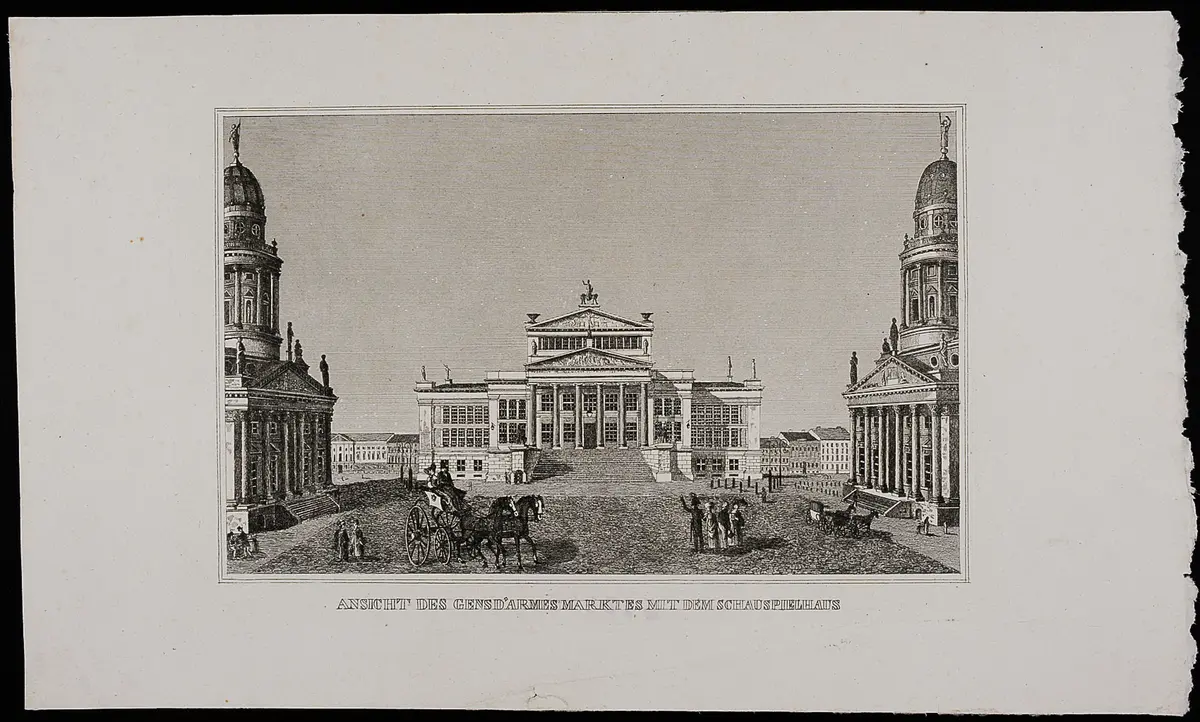 Berlin, Königliches Schauspielhaus, Titel in Vorlageform: Ansicht des Gens d'armes Marktes mit dem Schauspielhaus