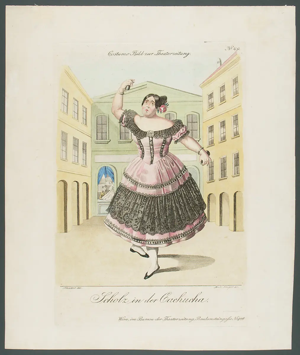 Wenzel Scholz, Titel in Vorlageform: Scholz in der Cachucha, Titel der Serie: Costume-Bild, Name der Zeitschrift: Wiener Theaterzeitung, Verweis auf Stücktitel: Der hinkende Teufel (Le diable boiteux)