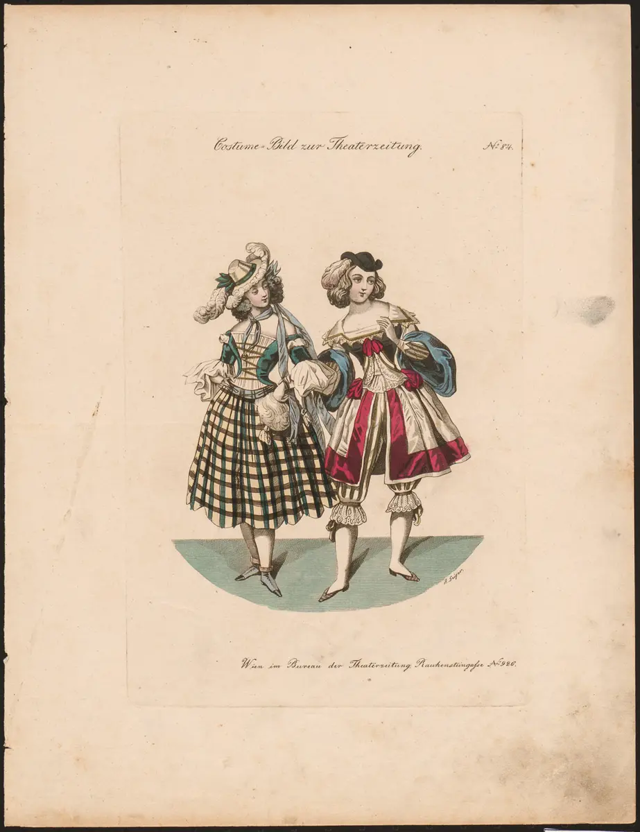 Masken zum Carneval 1841, Alternativtitel: Zwei weibliche Maskencostume, Titel der Serie: Costume-Bild, Name der Zeitschrift: Wiener Theaterzeitung