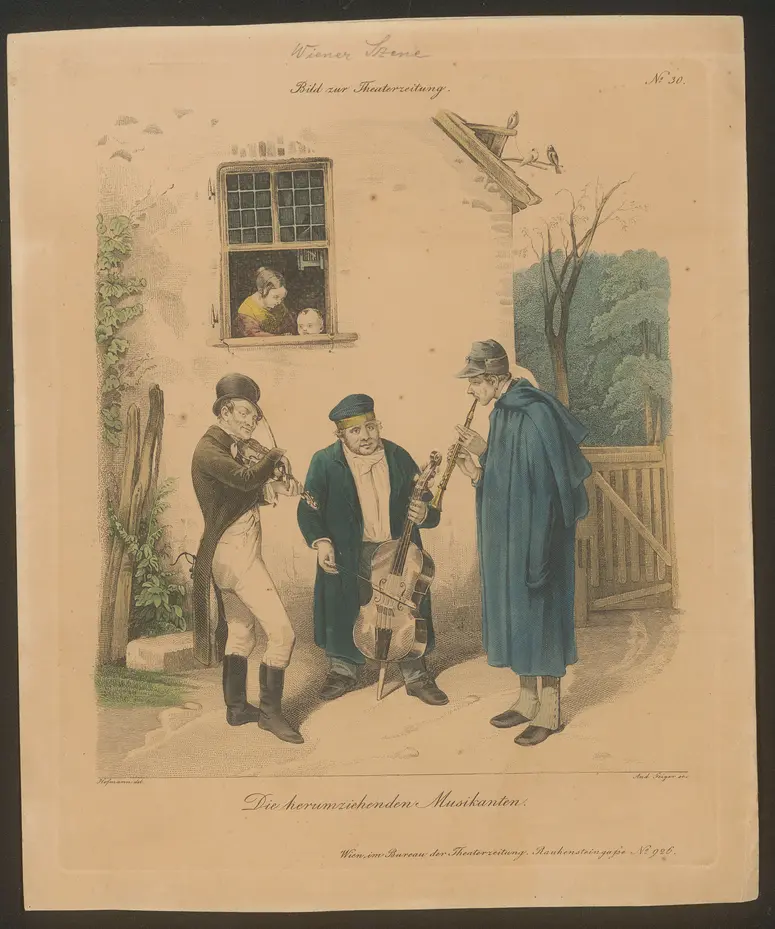Die herumziehenden Musikanten., Titel der Serie: Wiener Scene, Name der Zeitschrift: Wiener Theaterzeitung