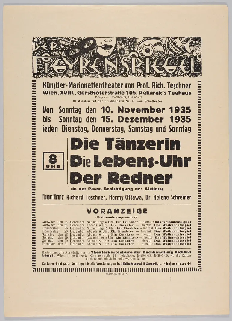 Der Figurenspiegel, Verweis auf Stücktitel: Die Tänzerin / Die bunte Tänzerin, Verweis auf Stücktitel: Die Lebens-Uhr, Verweis auf Stücktitel: Der Redner