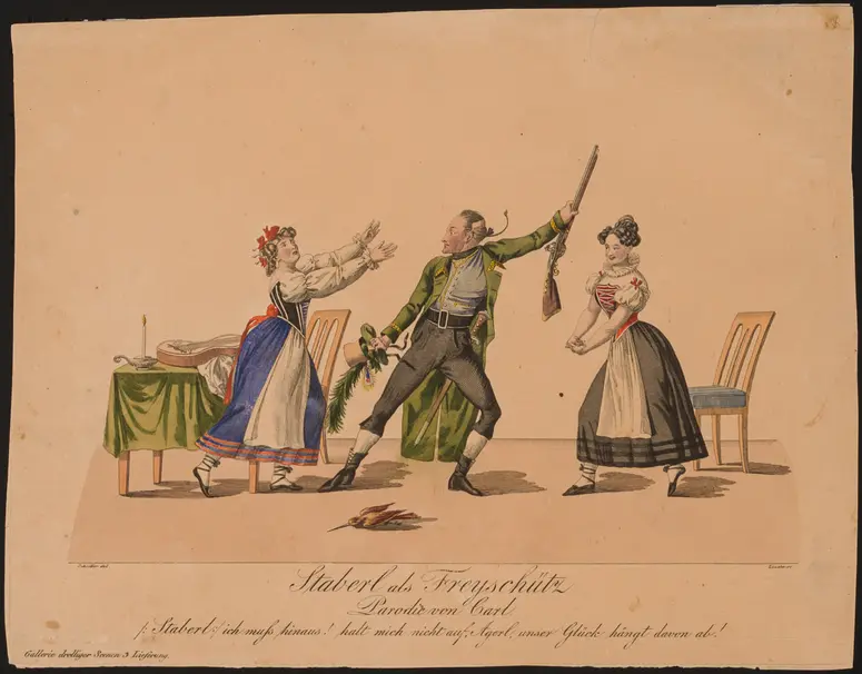 Staberl als Freyschütz, Titel der Serie: Gallerie drolliger Scenen, Name der Zeitschrift: Wiener Theaterzeitung