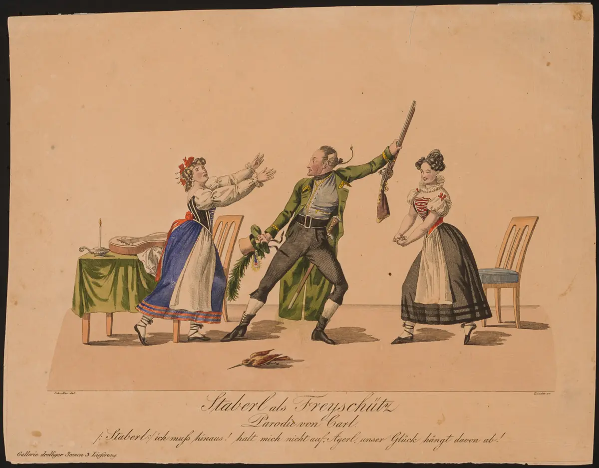 Staberl als Freyschütz, Titel der Serie: Gallerie drolliger Scenen, Name der Zeitschrift: Wiener Theaterzeitung