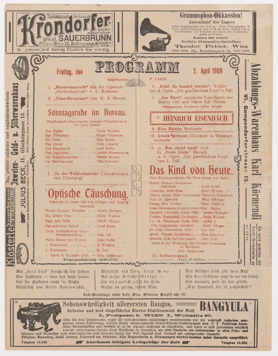 Budapester Orpheum-Gesellschaft, Sonntagsruhe im Bureau, Optische Täuschung, Das Kind von Heute