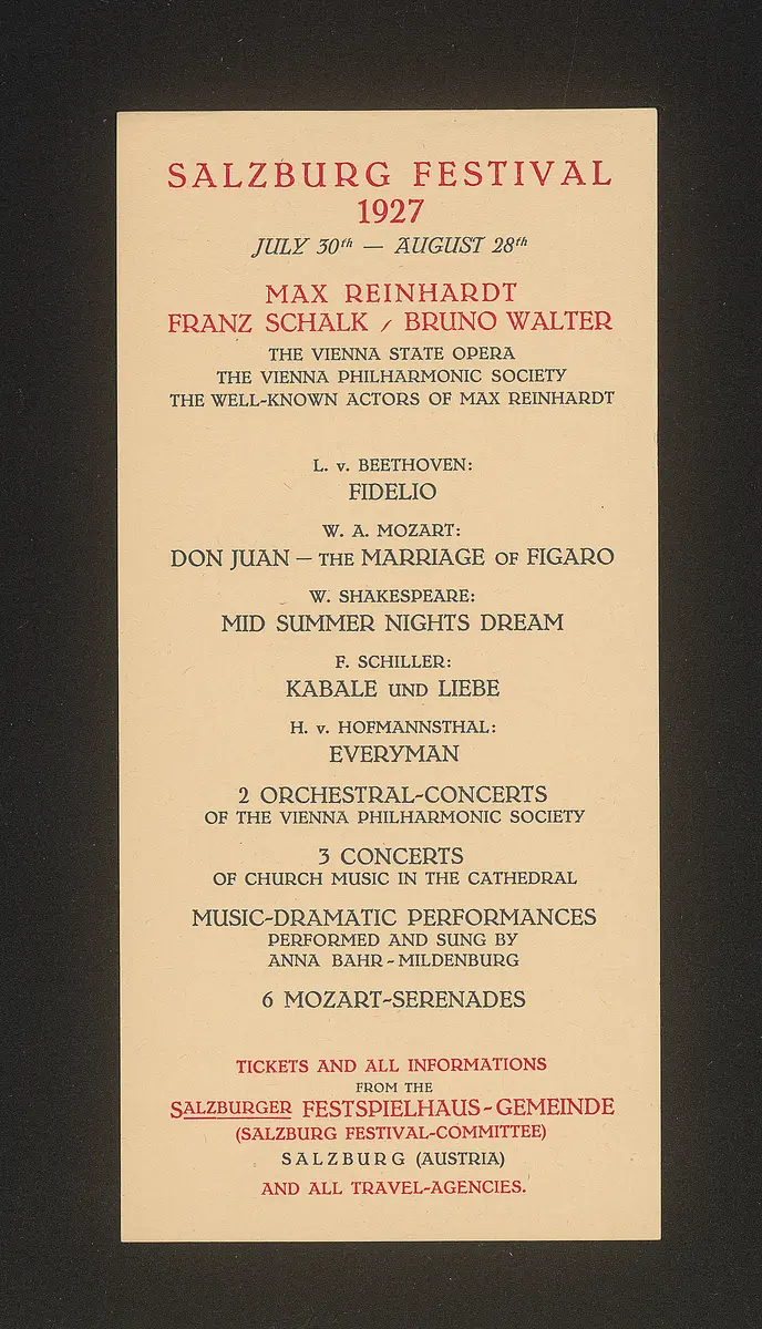Salzburger Festspiele 1927, Titel in Vorlageform: Salzburg Festival 1927, Verweis auf Stücktitel: Fidelio, Verweis auf Stücktitel: Don Juan, Verweis auf Stücktitel: Figaros Hochzeit, Verweis auf Stücktitel: Kabale und Liebe, Verweis auf Stücktitel: Sommernachtstraum, Verweis auf Stücktitel: Jedermann