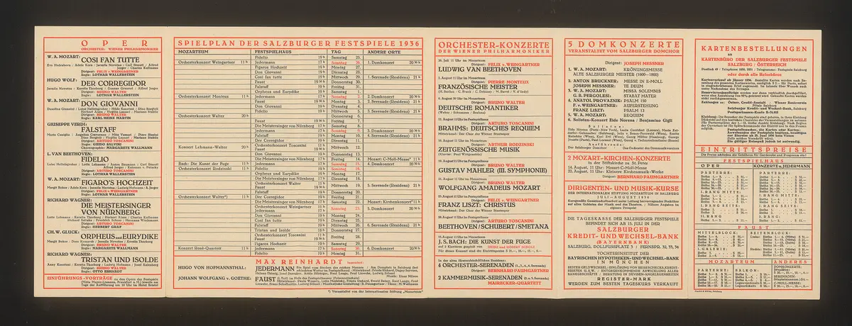 Salzburger Festspiele 1936, Verweis auf Stücktitel: Cosi fan tutte, Verweis auf Stücktitel: Der Corregidor, Verweis auf Stücktitel: Don Giovanni, Verweis auf Stücktitel: Falstaff, Verweis auf Stücktitel: Fidelio, Verweis auf Stücktitel: Figaros Hochzeit, Verweis auf Stücktitel: Die Meistersinger von Nürnberg, Verweis auf Stücktitel: Orpheus und Eurydike, Verweis auf Stücktitel: Tristan und Isolde, Verweis auf Stücktitel: Jedermann, Verweis auf Stücktitel: Faust