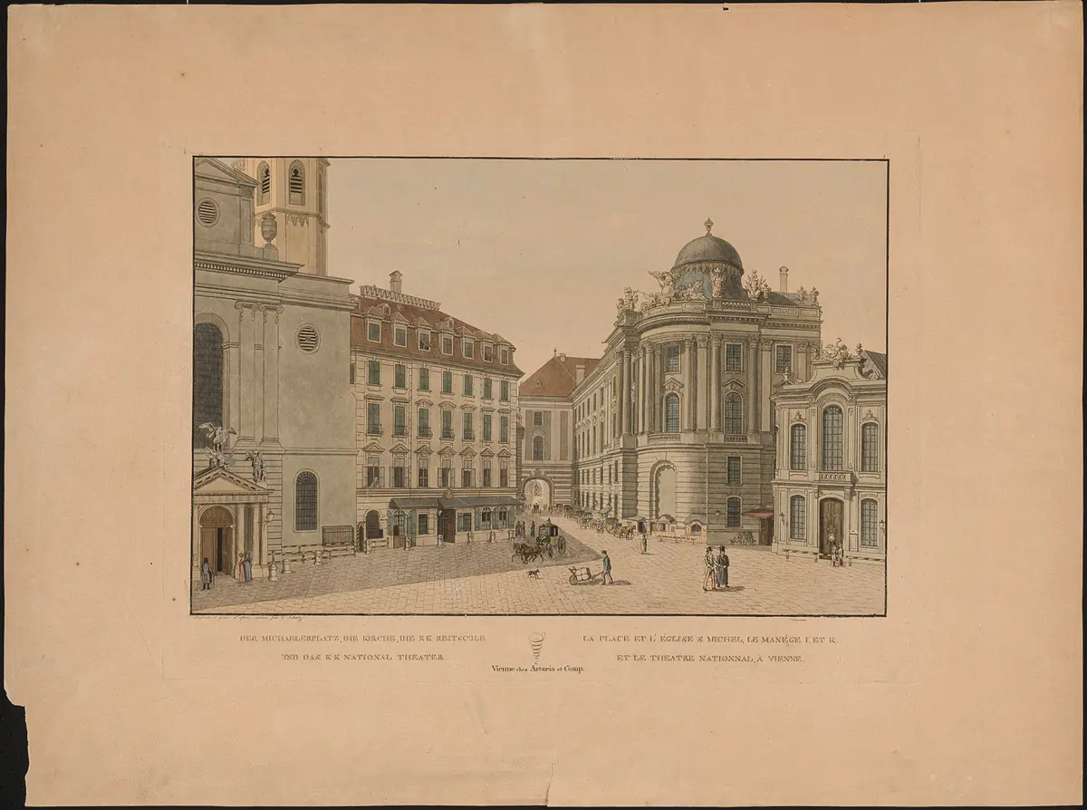 Wien, Altes Burgtheater, Titel in Vorlageform: Der Michaelerplatz, die Kirche, die k.k. Reitschule und das k.k. Nationaltheater
