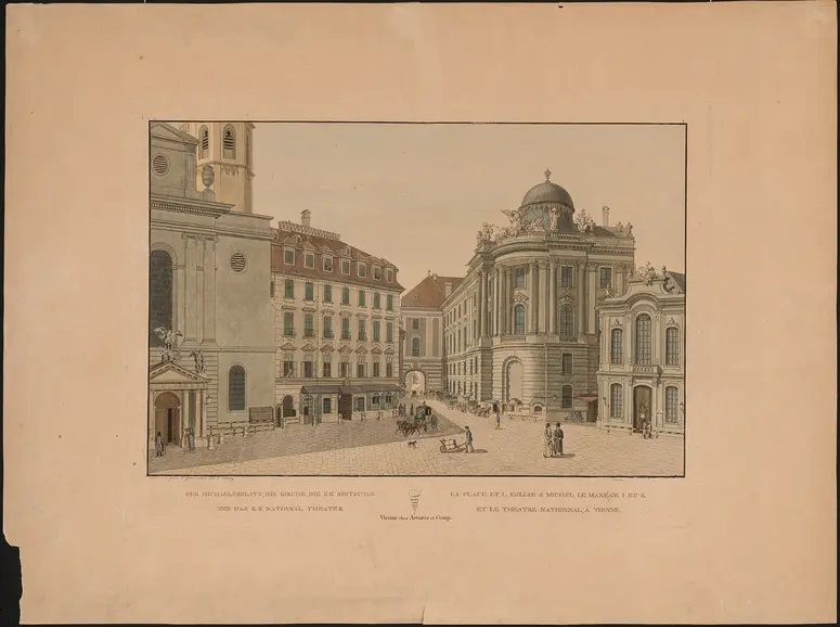 Wien, Altes Burgtheater, Titel in Vorlageform: Der Michaelerplatz, die Kirche, die k.k. Reitschule und das k.k. Nationaltheater