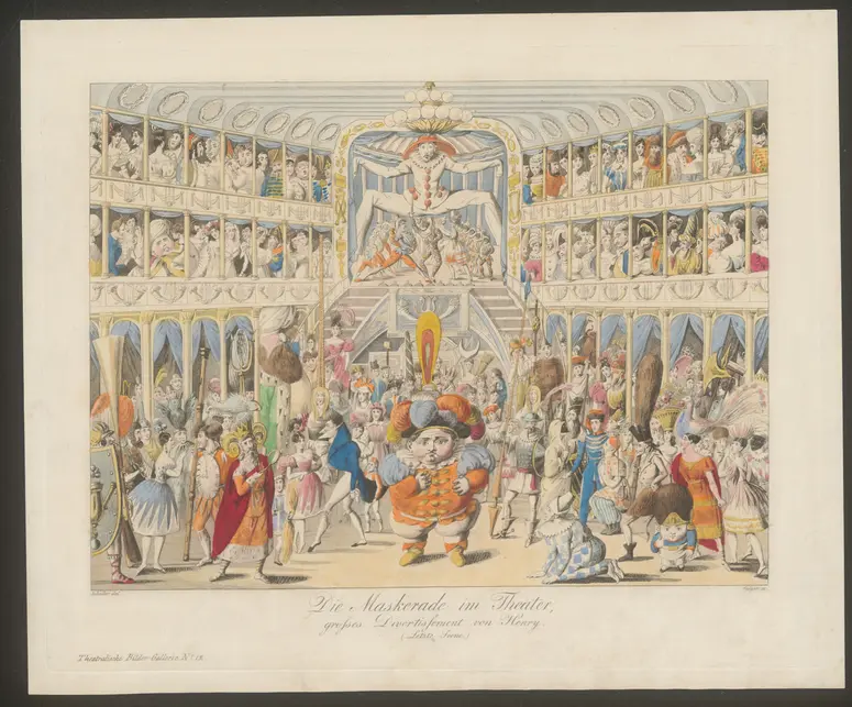 Die Maskerade im Theater, Titel der Serie: Gallerie interessanter und drolliger Scenen, Name der Zeitschrift: Wiener Theaterzeitung