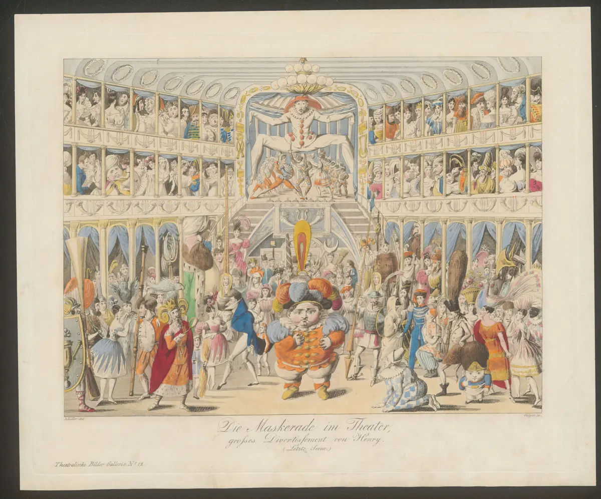 Die Maskerade im Theater, Titel der Serie: Gallerie interessanter und drolliger Scenen, Name der Zeitschrift: Wiener Theaterzeitung