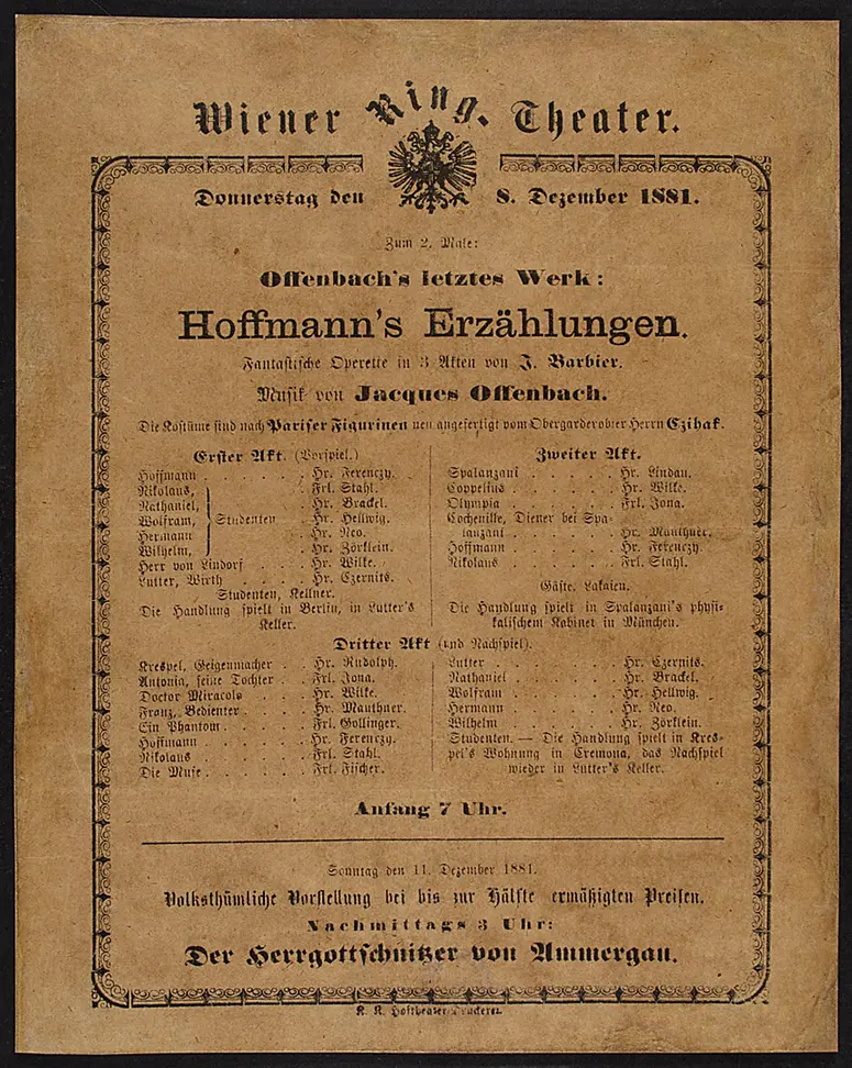 Hoffmanns Erzählungen, Theaterzettel des Brandtages des Ringtheater 1881