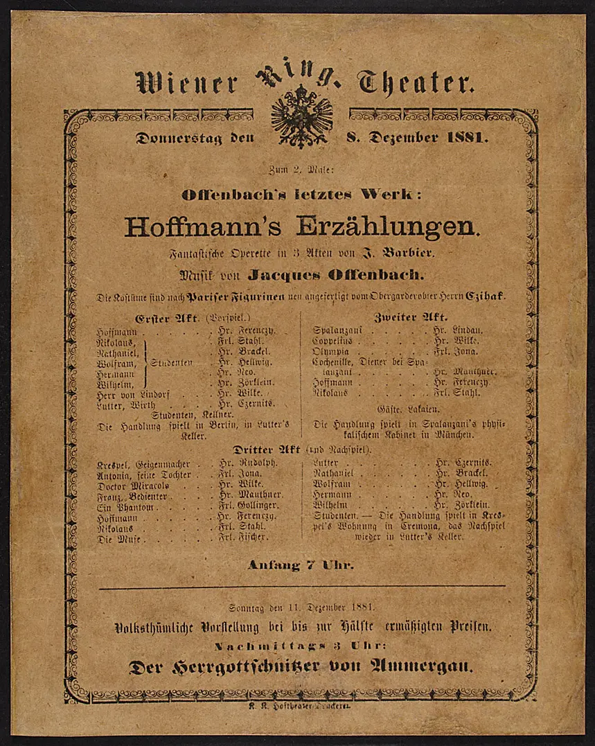 Hoffmanns Erzählungen, Theaterzettel des Brandtages des Ringtheater 1881