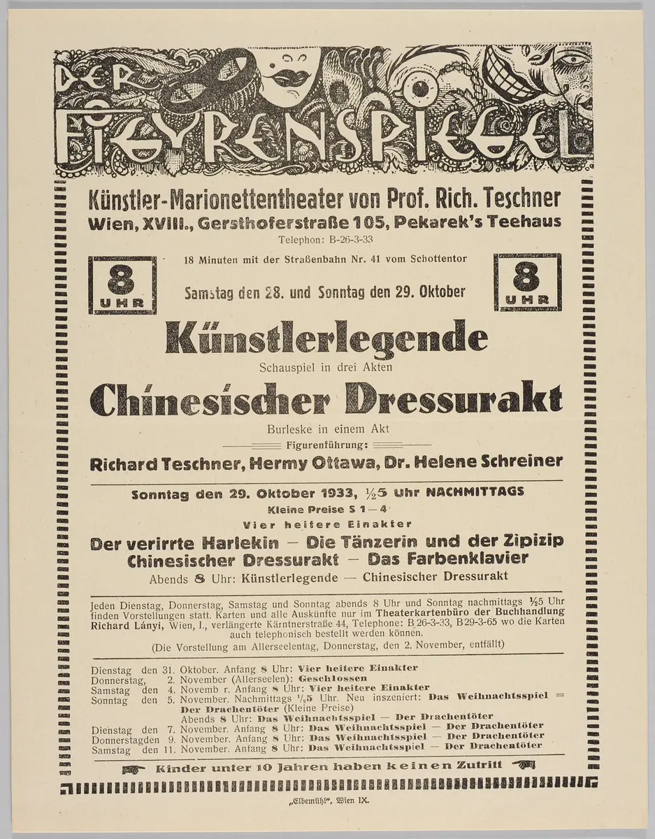 Der Figurenspiegel, Verweis auf Stücktitel: Künstlerlegende, Verweis auf Stücktitel: Dressurakt / Chinesischer Dressurakt, Verweis auf Stücktitel: Der verirrte Harlekin, Verweis auf Stücktitel: Die Tänzerin / Die grüne Tänzerin / Die Tänzerin und der Zipizip, Verweis auf Stücktitel: Das Farbenklavier