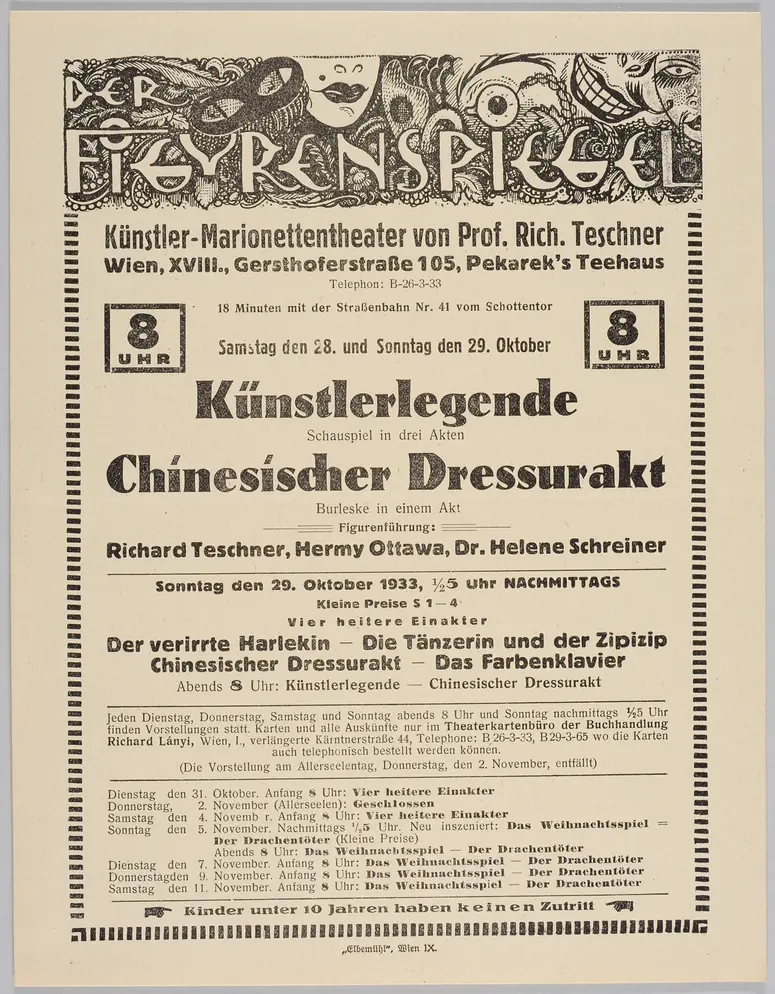 Der Figurenspiegel, Verweis auf Stücktitel: Künstlerlegende, Verweis auf Stücktitel: Dressurakt / Chinesischer Dressurakt, Verweis auf Stücktitel: Der verirrte Harlekin, Verweis auf Stücktitel: Die Tänzerin / Die grüne Tänzerin / Die Tänzerin und der Zipizip, Verweis auf Stücktitel: Das Farbenklavier