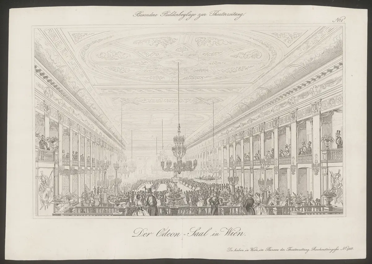 Wien (allgemein), Odeonsaal, Titel in Vorlageform: Der Odeon-Saal in Wien, Titel der Serie: Besondere Bildbeilage, Name der Zeitschrift: Wiener Theaterzeitung