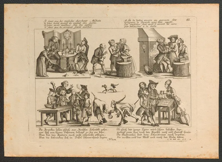 Die Kranken sollen gleich zur Rechten Schmitte gehen, / um sich von ihrem Schmerz befreyt u. los zu sehen [...], Weiterer Titel: Il faut que les malades echerchent Medicin / le plus habil quand ils veulent etre gueris [...]