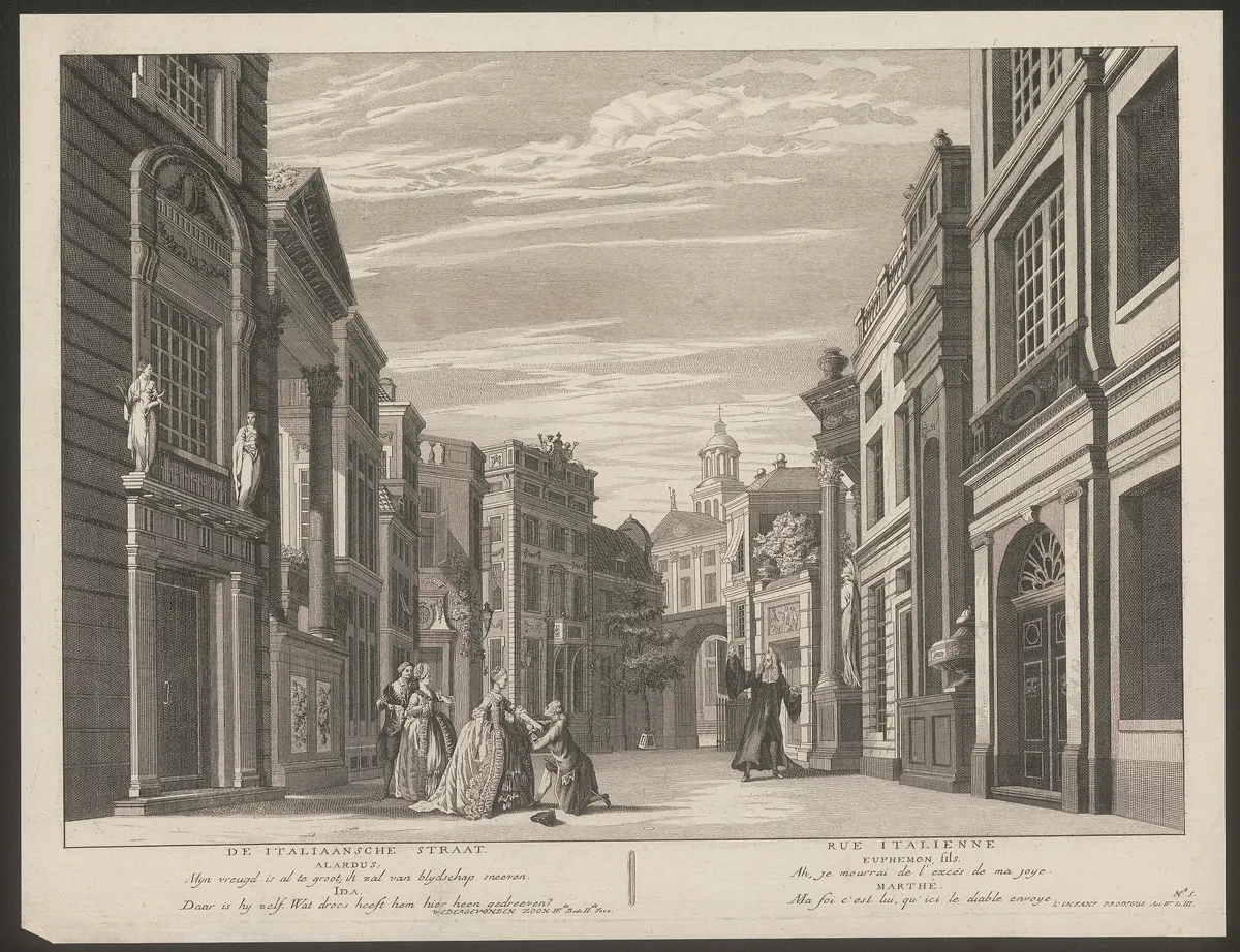 ohne Titel, Titel in Vorlageform: De Italiaanische Straat / Rue italienne (Die italienische Straße), Titel der Serie: Toneeldecors van de nieuwe Amsterdamse Schouwburg (Theaterdekorationen der Neuen Amsterdamer Schauburg), Verweis auf Stücktitel: De wedergevonden zoon / L'enfant prodigue (Der wiedergefundene Sohn)