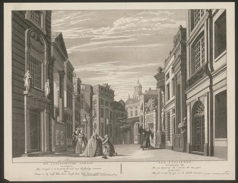 ohne Titel, Titel in Vorlageform: De Italiaanische Straat / Rue italienne (Die italienische Straße), Titel der Serie: Toneeldecors van de nieuwe Amsterdamse Schouwburg (Theaterdekorationen der Neuen Amsterdamer Schauburg), Verweis auf Stücktitel: De wedergevonden zoon / L'enfant prodigue (Der wiedergefundene Sohn)