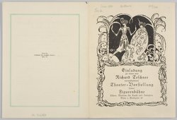 Richard Teschners Figurentheater, Titel in Vorlageform: Einladung zu einer von Richard Teschner veranstalteten Theater-Vorstellung seiner Figurenbühne, Titel der Ausstellung: Ausstellung österreichischer Kunstgewerbe verbunden mit einer Sonderausstellung Richard Teschner, Verweis auf Stücktitel: Kosumos Opfertod, Verweis auf Stücktitel: Prinzessin und Wassermann, Verweis auf Stücktitel: Nawang Wulan, Verweis auf Stücktitel: Nachtstück, Verweis auf Stücktitel: Die Tänzerin / Die grüne Tänzerin