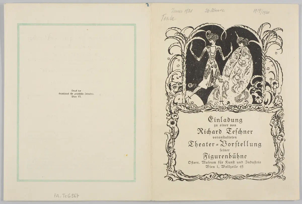 Richard Teschners Figurentheater, Titel in Vorlageform: Einladung zu einer von Richard Teschner veranstalteten Theater-Vorstellung seiner Figurenbühne, Titel der Ausstellung: Ausstellung österreichischer Kunstgewerbe verbunden mit einer Sonderausstellung Richard Teschner, Verweis auf Stücktitel: Kosumos Opfertod, Verweis auf Stücktitel: Prinzessin und Wassermann, Verweis auf Stücktitel: Nawang Wulan, Verweis auf Stücktitel: Nachtstück, Verweis auf Stücktitel: Die Tänzerin / Die grüne Tänzerin