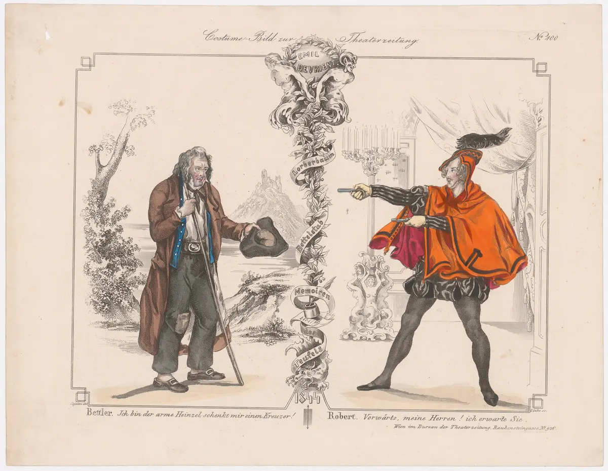 Emil Devrient, Titel der Serie: Costume-Bild, Name der Zeitschrift: Wiener Theaterzeitung, Verweis auf Stücktitel: Lorbeerbaum und Bettelstab, Verweis auf Stücktitel: Memorien des Teufels