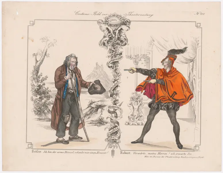 Emil Devrient, Titel der Serie: Costume-Bild, Name der Zeitschrift: Wiener Theaterzeitung, Verweis auf Stücktitel: Lorbeerbaum und Bettelstab, Verweis auf Stücktitel: Memorien des Teufels