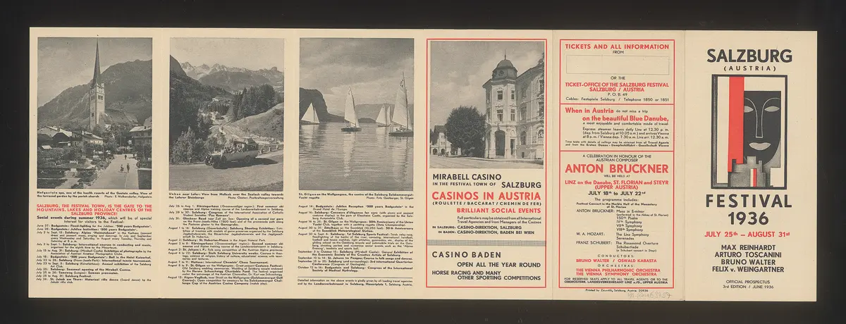 Salzburger Festspiele 1936, Titel in Vorlageform: Salzburg Festival 1936, Verweis auf Stücktitel: Cosi fan tutte, Verweis auf Stücktitel: Der Corregidor, Verweis auf Stücktitel: Don Giovanni, Verweis auf Stücktitel: Falstaff, Verweis auf Stücktitel: Fidelio, Verweis auf Stücktitel: Figaros Hochzeit, Verweis auf Stücktitel: Die Meistersinger von Nürnberg, Verweis auf Stücktitel: Orpheus und Eurydike, Verweis auf Stücktitel: Tristan und Isolde, Verweis auf Stücktitel: Jedermann, Verweis auf Stücktitel: Faust