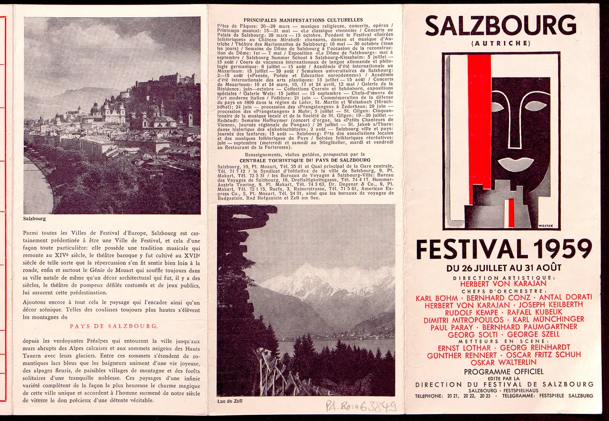 Salzburger Festspiele 1959, Titel in Vorlageform: Salzburg Festival 1959, Verweis auf Stücktitel: Julietta, Verweis auf Stücktitel: Orpheus und Eurydike, Verweis auf Stücktitel: Die Welt auf dem Monde, Verweis auf Stücktitel: Cosi fan tutte, Der Zauberflöte, Verweis auf Stücktitel: Die schweigsame Frau, Verweis auf Stücktitel: Jedermann, Verweis auf Stücktitel: Donnerstag, Verweis auf Stücktitel: Der Turm