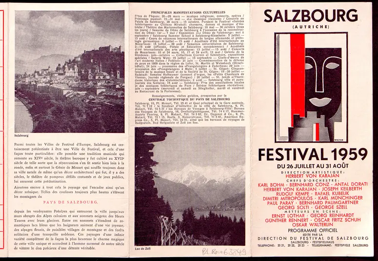 Salzburger Festspiele 1959, Titel in Vorlageform: Salzburg Festival 1959, Verweis auf Stücktitel: Julietta, Verweis auf Stücktitel: Orpheus und Eurydike, Verweis auf Stücktitel: Die Welt auf dem Monde, Verweis auf Stücktitel: Cosi fan tutte, Der Zauberflöte, Verweis auf Stücktitel: Die schweigsame Frau, Verweis auf Stücktitel: Jedermann, Verweis auf Stücktitel: Donnerstag, Verweis auf Stücktitel: Der Turm