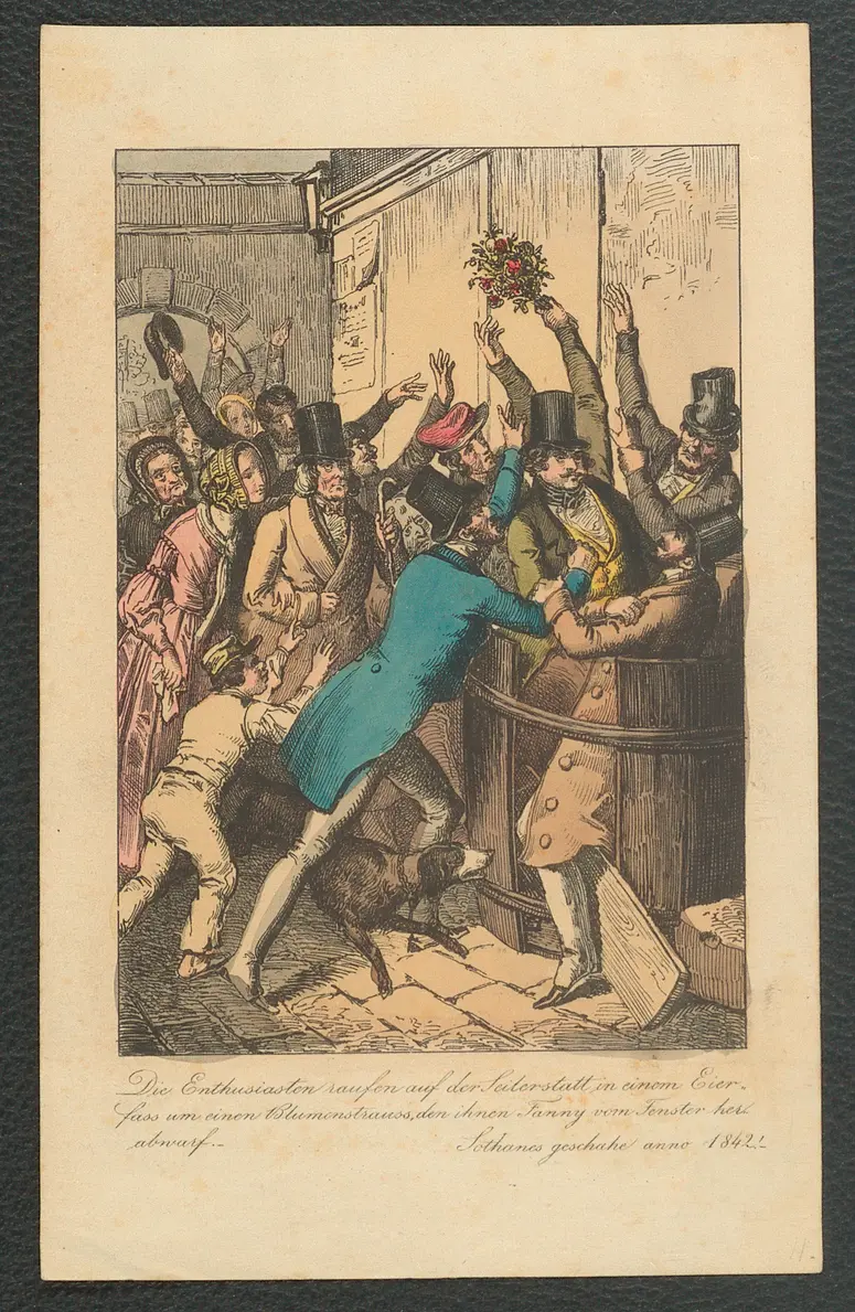 Die Enthusiasten raufen auf der Seilerstatt in einem Eierfass um einen Blumenstrauss, den ihnen Fanny vom Fenster herabwarf., Name der Zeitschrift: Komische Briefe des Hans-Jörgel von Gumpoldskirchen [...]