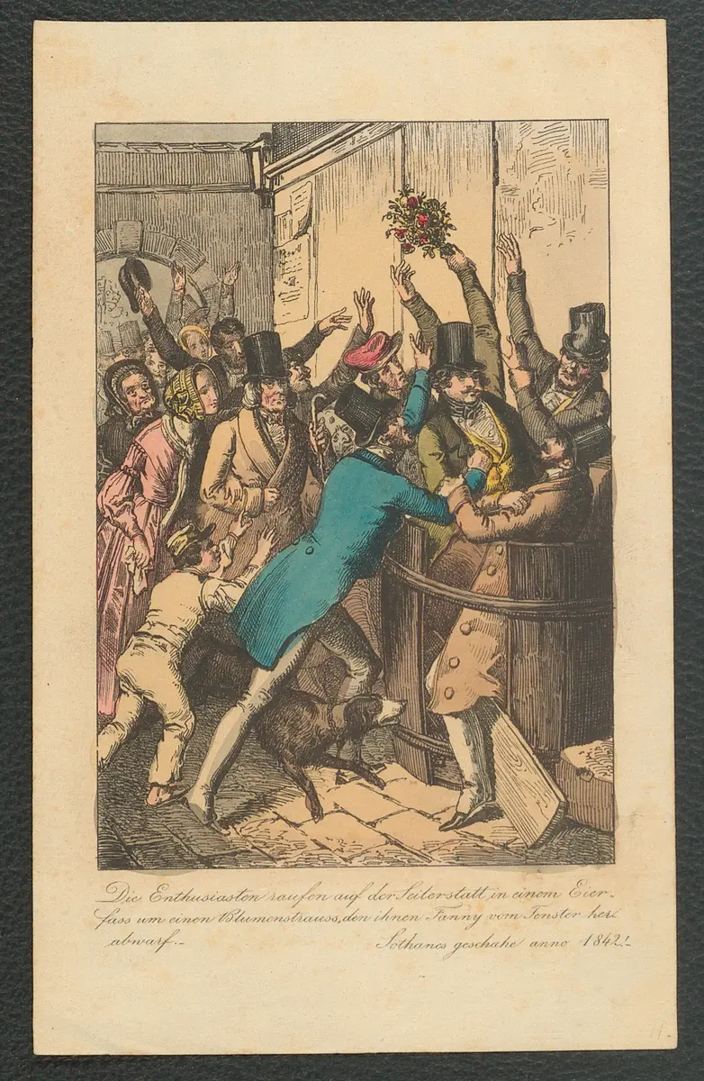 Die Enthusiasten raufen auf der Seilerstatt in einem Eierfass um einen Blumenstrauss, den ihnen Fanny vom Fenster herabwarf., Name der Zeitschrift: Komische Briefe des Hans-Jörgel von Gumpoldskirchen [...]