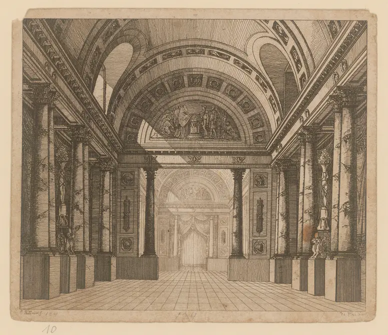Iphigenia in Tauris, Titel der Serie: Theaterdecorationen nach den Original Skitzen des k.k. Hof Theater Mahlers Anton de Pian, gestochen und verlegt von Norbert Bittner.