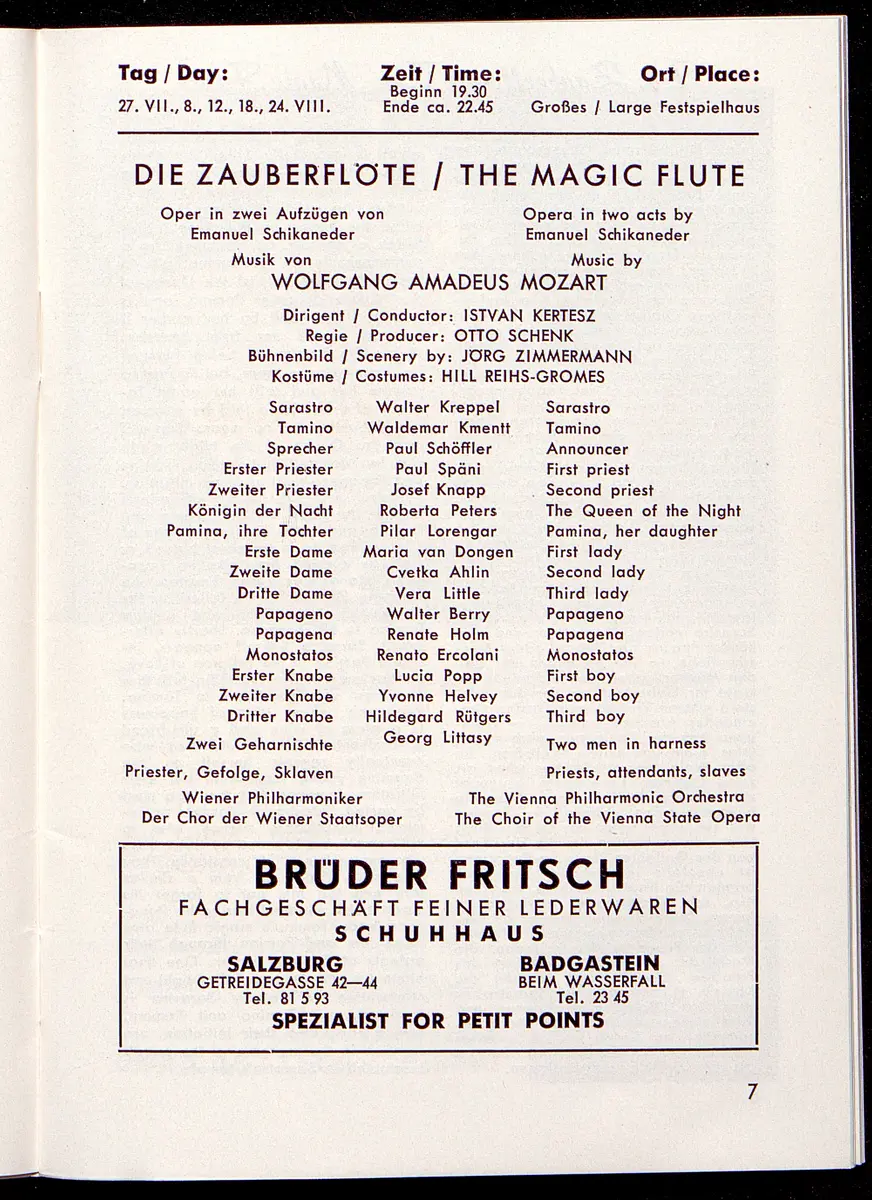 Salzburger Festspiele 1964, Titel in Vorlageform: Salzburgo Festival 1964, Verweis auf Stücktitel: Cosi fan tutte, Verweis auf Stücktitel: Figaros Hochzeit, Verweis auf Stücktitel: Lucio Silla, Verweis auf Stücktitel: Die Zauberflöte, Verweis auf Stücktitel: Ariadne auf Naxos, Verweis auf Stücktitel: Elektra, Verweis auf Stücktitel: Der Rosenkavalier, Verweis auf Stücktitel: Macbeth, Verweis auf Stücktitel: Jedermann, Verweis auf Stücktitel: Faust, Verweis auf Stücktitel: Die lustigen Weiber von Windsor