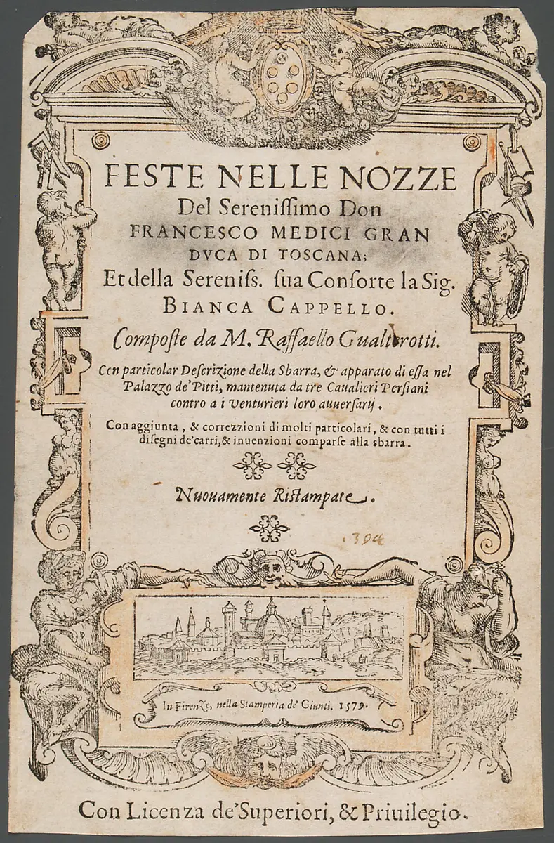 Feste nelle nozze, Titel in Vorlageform: Feste nelle nozze del serenissimo Don Francesco Medici Gran Duca di Toscana; et della sereniss Sua consorte la sig. Bianca Cappello