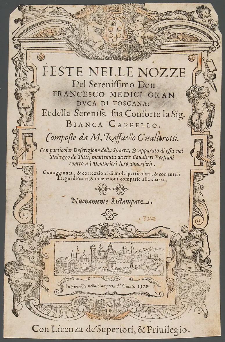 Feste nelle nozze, Titel in Vorlageform: Feste nelle nozze del serenissimo Don Francesco Medici Gran Duca di Toscana; et della sereniss Sua consorte la sig. Bianca Cappello