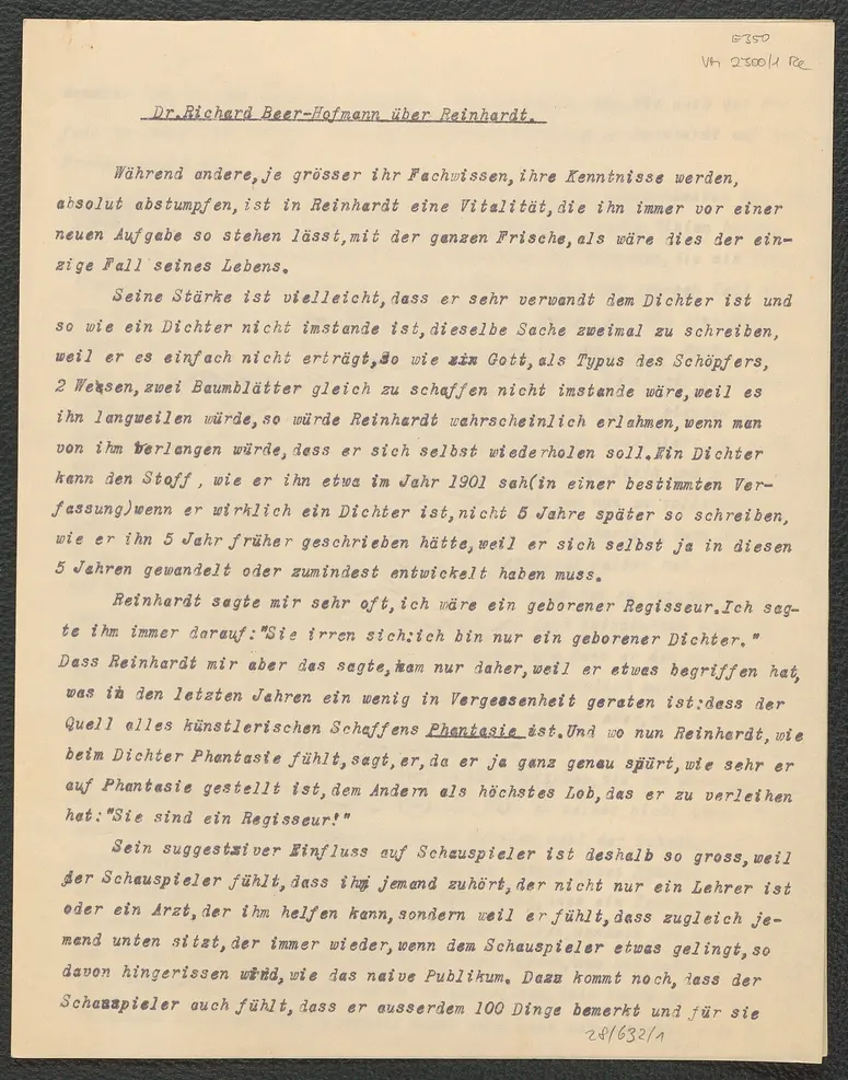 Richard Beer-Hofmann über Reinhardt