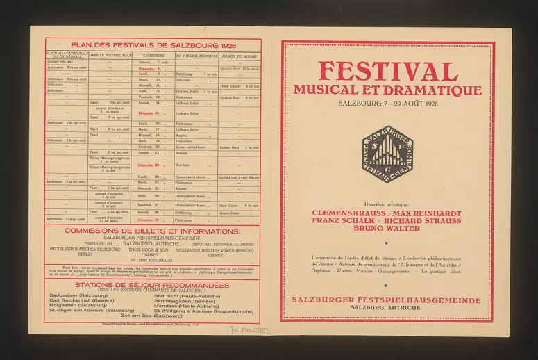 Salzburger Festspiele 1926, Titel in Vorlageform: Festival musical et dramatique Salzbourg 1926, Verweis auf Stücktitel: Ariadne aus Naxos, Verweis auf Stücktitel: Don Juan, Verweis auf Stücktitel: Die Entführung aus dem Serail, Verweis auf Stücktitel: Die Fledermaus, Verweis auf Stücktitel: La serva padrona, Verweis auf Stücktitel: Turandot, Verweis auf Stücktitel: Jedermann, Verweis auf Stücktitel: Der Diener zweier Herren