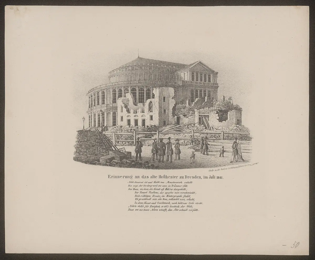 Dresden, Hoftheater (1. Semperoper), Alternativtitel: Dresden, Semperoper, Titel in Vorlageform: Erinnerung an das alte Hoftheater zu Dresden, im Juli 1841