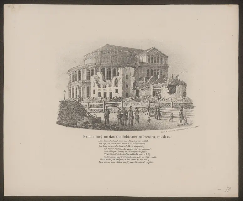 Dresden, Hoftheater (1. Semperoper), Alternativtitel: Dresden, Semperoper, Titel in Vorlageform: Erinnerung an das alte Hoftheater zu Dresden, im Juli 1841