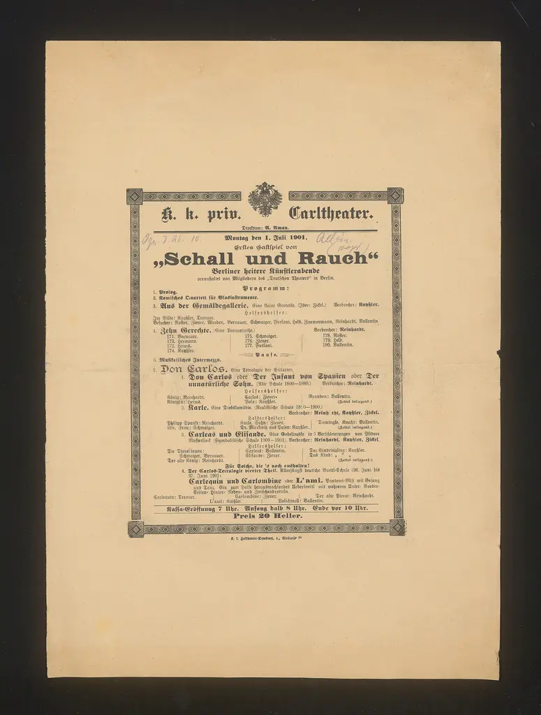 Schall und Rauch, Verweis auf Stücktitel: Aus der Gemäldegalerie, Verweis auf Stücktitel: Don Carlos, Verweis auf Stücktitel: Carleas und Elisande, Verweis auf Stücktitel: Carlequin und Carlombine oder L'Ami