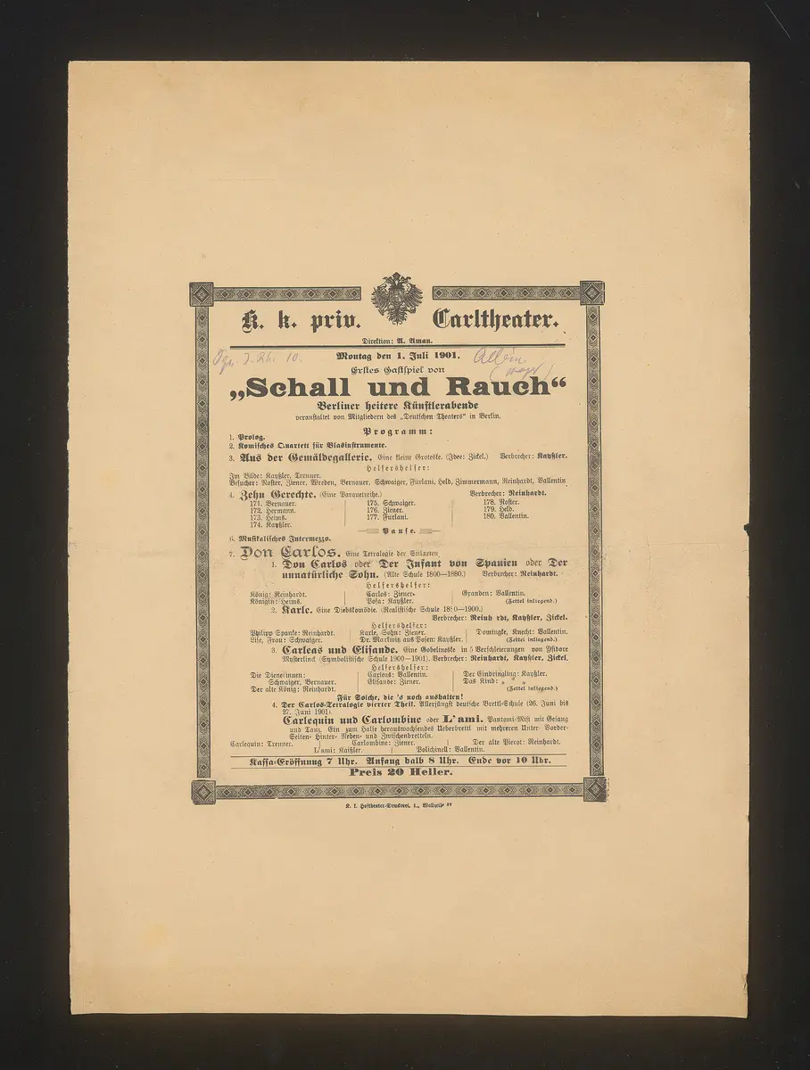 Schall und Rauch, Verweis auf Stücktitel: Aus der Gemäldegalerie, Verweis auf Stücktitel: Don Carlos, Verweis auf Stücktitel: Carleas und Elisande, Verweis auf Stücktitel: Carlequin und Carlombine oder L'Ami