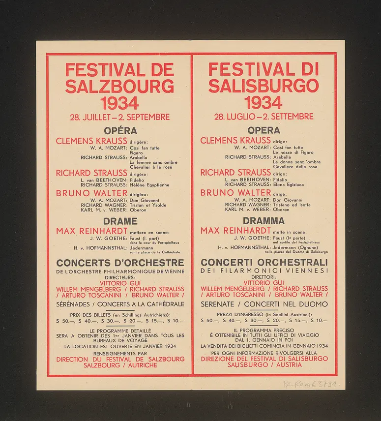 Salzburger Festspiele 1934, Titel in Vorlageform: Salzburg Festival 1934, Titel in Vorlageform: Festival de Salzbourg 1934, Titel in Vorlageform: Festival di Salisburgo 1934, Verweis auf Stücktitel: Fidelio, Verweis auf Stücktitel: Cosi fan tutte, Verweis auf Stücktitel: Figaros Hochzeit, Verweis auf Stücktitel: Die ägyptische Helena, Verweis auf Stücktitel: Elektra, Verweis auf Stücktitel: Die Frau ohne Schatten, Verweis auf Stücktitel: Der Rosenkavalier, Verweis auf Stücktitel: Don Giovanni, Verweis auf Stücktitel: Oberon, Verweis auf Stücktitel: Tristan und Isolde, Verweis auf Stücktitel: Jedermann, Verweis auf Stücktitel: Faust