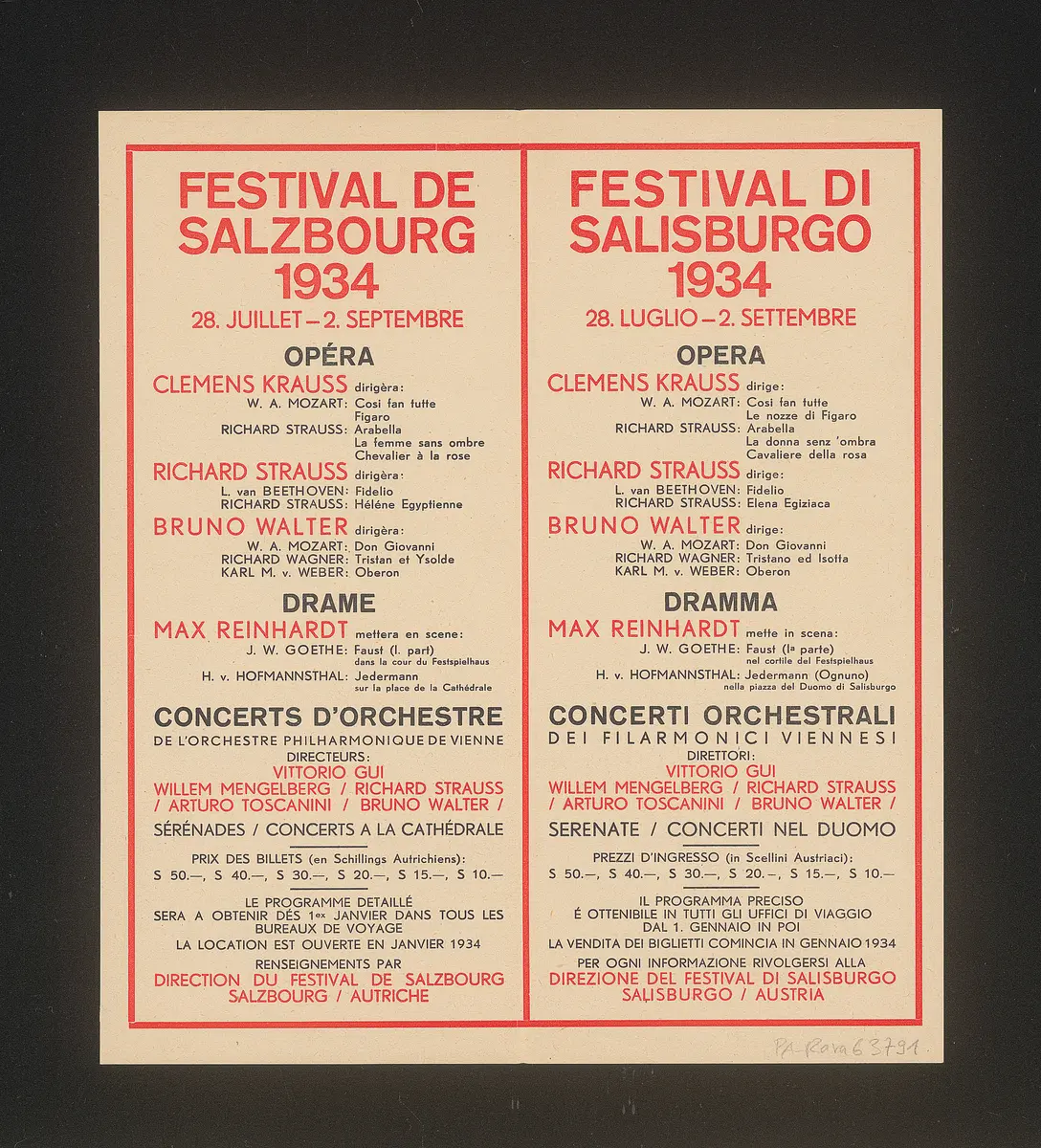 Salzburger Festspiele 1934, Titel in Vorlageform: Salzburg Festival 1934, Titel in Vorlageform: Festival de Salzbourg 1934, Titel in Vorlageform: Festival di Salisburgo 1934, Verweis auf Stücktitel: Fidelio, Verweis auf Stücktitel: Cosi fan tutte, Verweis auf Stücktitel: Figaros Hochzeit, Verweis auf Stücktitel: Die ägyptische Helena, Verweis auf Stücktitel: Elektra, Verweis auf Stücktitel: Die Frau ohne Schatten, Verweis auf Stücktitel: Der Rosenkavalier, Verweis auf Stücktitel: Don Giovanni, Verweis auf Stücktitel: Oberon, Verweis auf Stücktitel: Tristan und Isolde, Verweis auf Stücktitel: Jedermann, Verweis auf Stücktitel: Faust