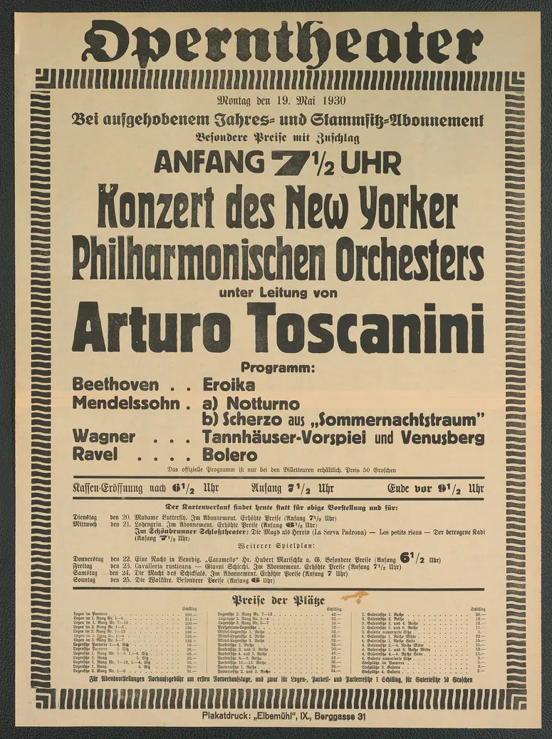 Konzert des New Yorker Philharmonischen Orchesters unter Leitung von Arturo Toscanini, Eroica, Notturno, Scherzo aus Sommernachtstraum, Vorspiel aus Tannhäuser und Venusberg, Bolero