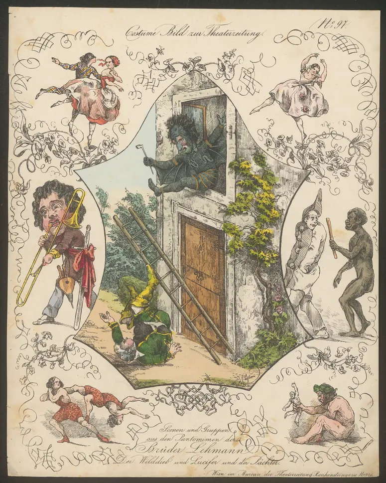 Der Wilddieb, Lucifer, Der Pächter, Titel in Vorlageform: Scenen und Gruppen aus den Pantomimen der Brüder Lehmann, Titel der Serie: Costume-Bild, Name der Zeitschrift: Wiener Theaterzeitung