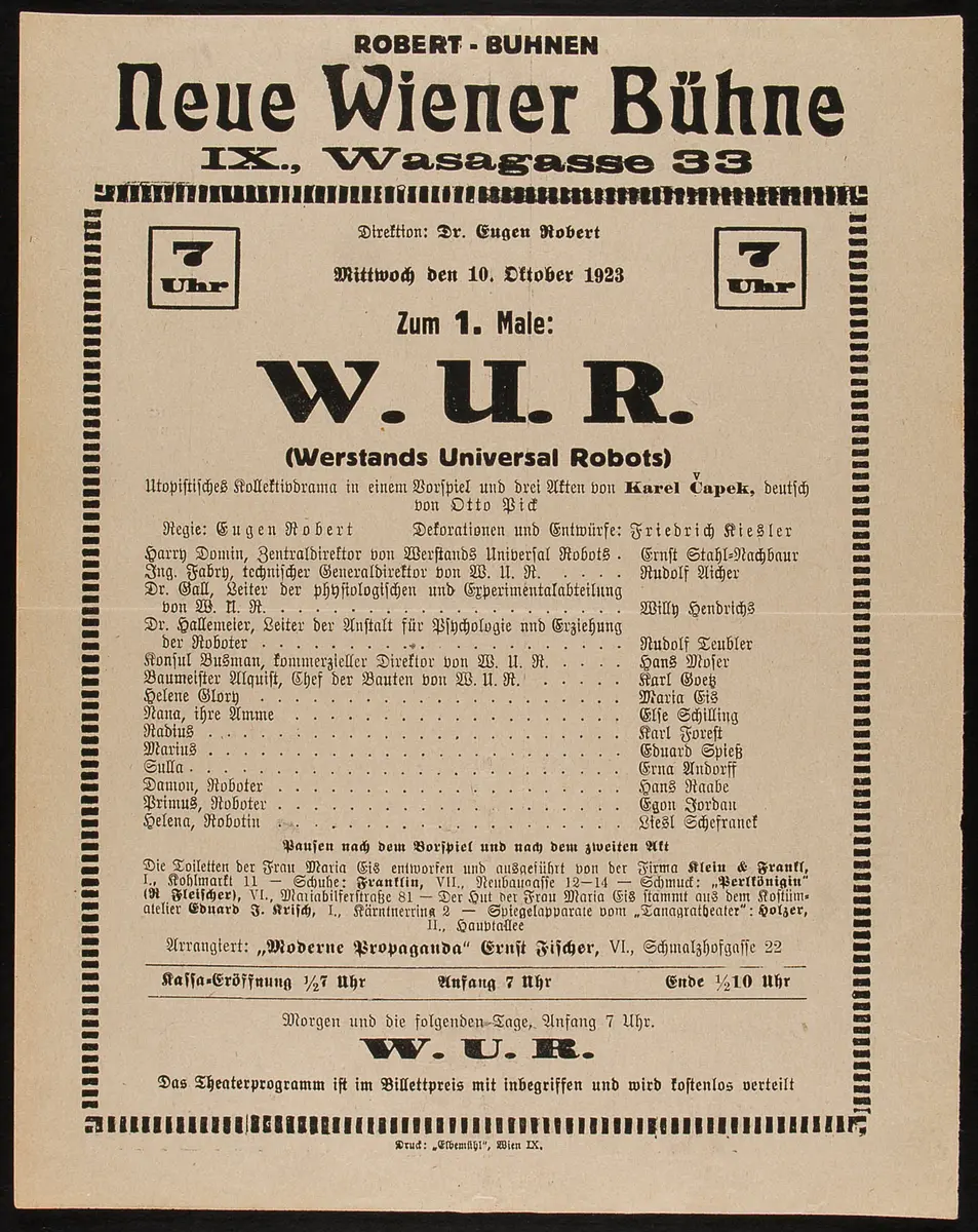 W.U.R., Weiterer Titel: Werstands Universal Robots, Originaltitel: R.U.R. Rossum's Universal Robots