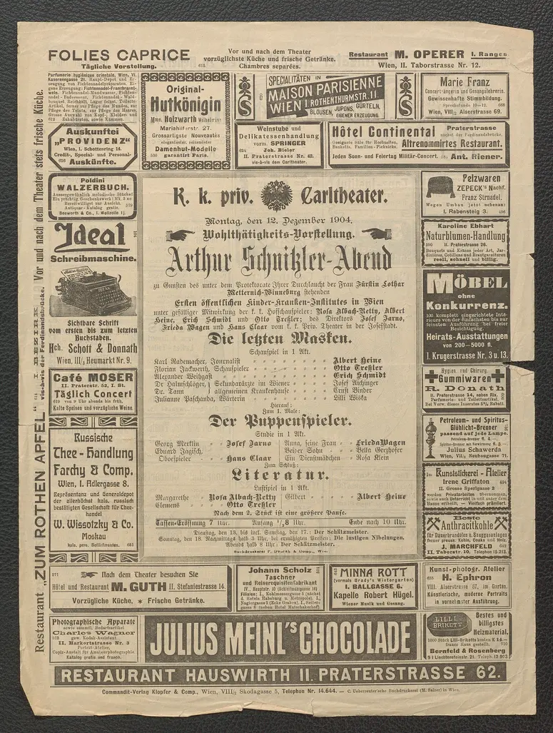 Arthur Schnitzler-Abend, Die letzten Masken, Der Puppenspieler, Literatur