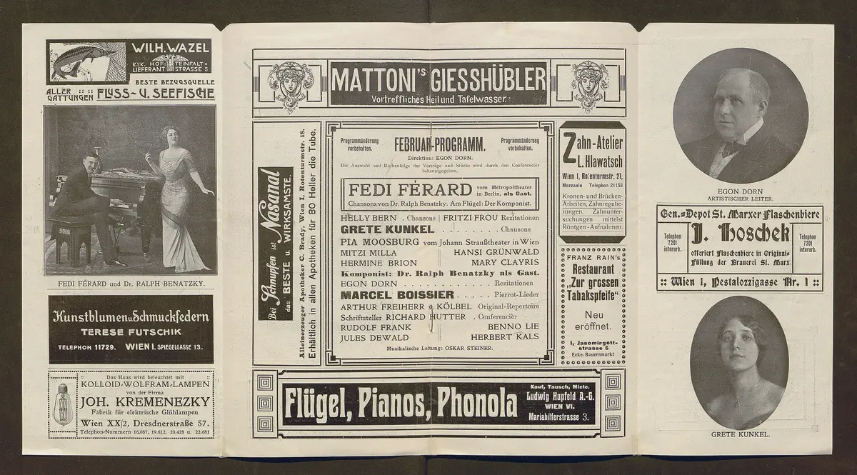 Kabarett Fledermaus, Titel in Vorlageform: Fledermaus 1911-12, Verweis auf Stücktitel: Colombinens Untreue, Verweis auf Stücktitel: Das blonde Abenteuer, Verweis auf Stücktitel: Kokottchens Mission, Verweis auf Stücktitel: Das Wartehäuschen, Verweis auf Stücktitel: Hier wird geliebt