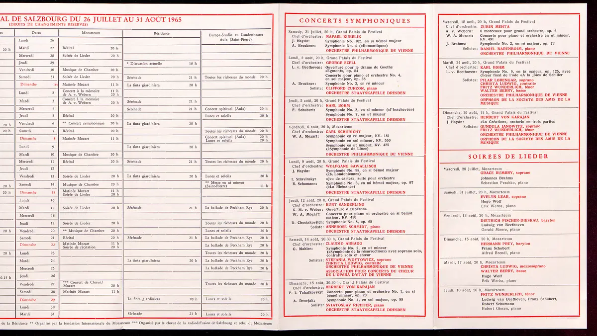 Salzburger Festspiele 1965, Titel in Vorlageform: Salzbourg Festival 1965, Verweis auf Stücktitel: Boris Godunow, Verweis auf Stücktitel: Cosi fan tutte, Verweis auf Stücktitel: Die Entführung aus dem Serail, Verweis auf Stücktitel: Die Gärtnerin aus Liebe, Verweis auf Stücktitel: Ariadne auf Naxos, Verweis auf Stücktitel: Elektra, Verweis auf Stücktitel: Macbeth, Verweis auf Stücktitel: Jedermann, Verweis auf Stücktitel: Faust, Verweis auf Stücktitel: König Ödipus / Ödipus auf Kolonos