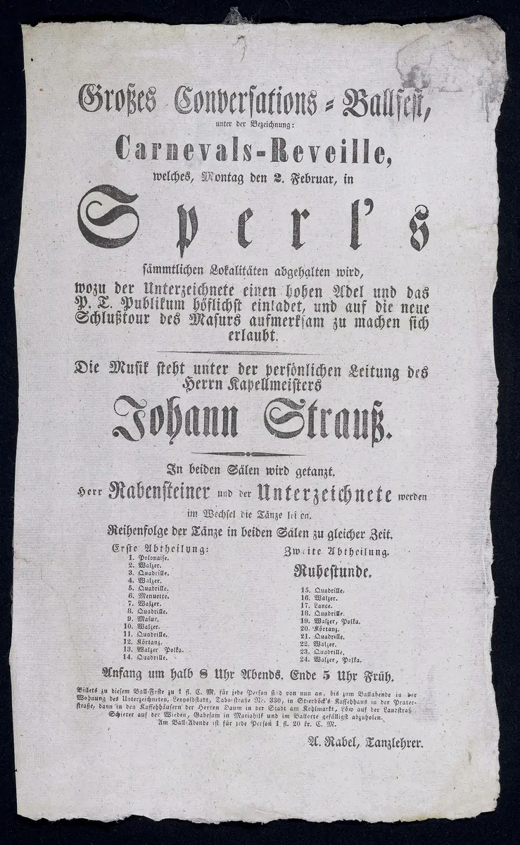 Großes Conversations-Ballfest unter der Bezeichung: Carnevals-Reveille [...] in Sperl's sämmtlichen Localitäten, Alternativtitel: Rabel-Ball / Rabelball